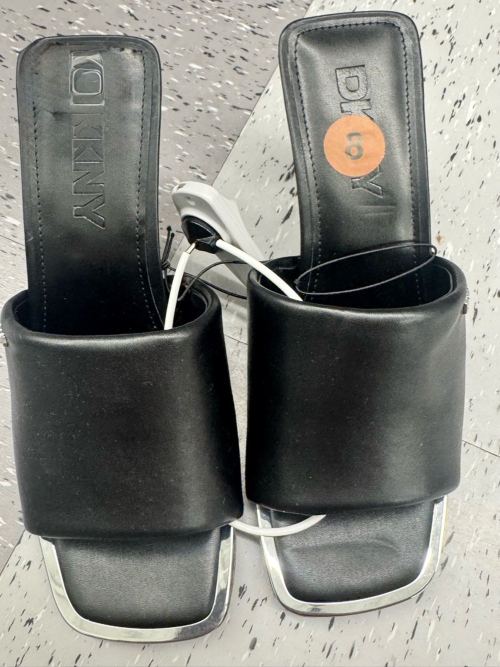 DKNY Black Square-Toe Slide Sandals with Silver Trim